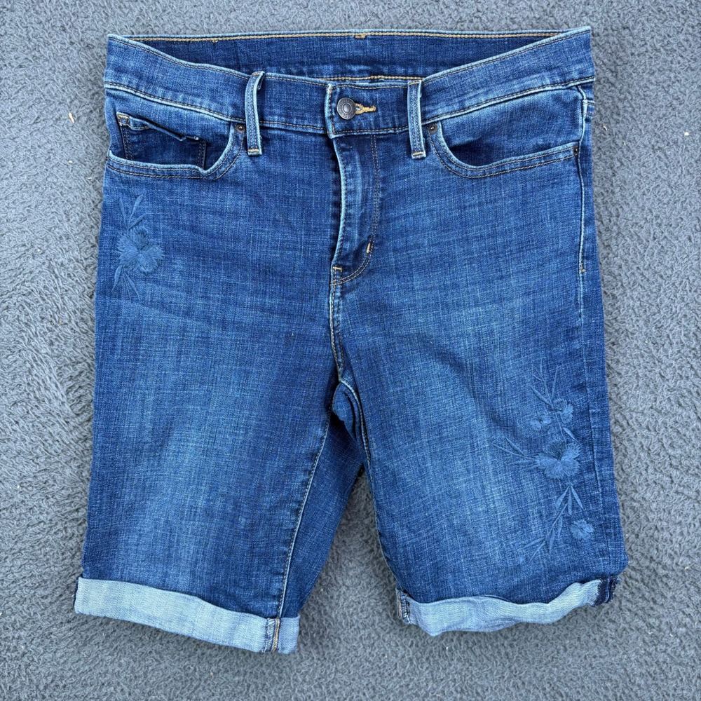 Levi Strauss Women Blue Embroidered Floral Denim‎ Bermuda Shorts Size 29 Cuffed